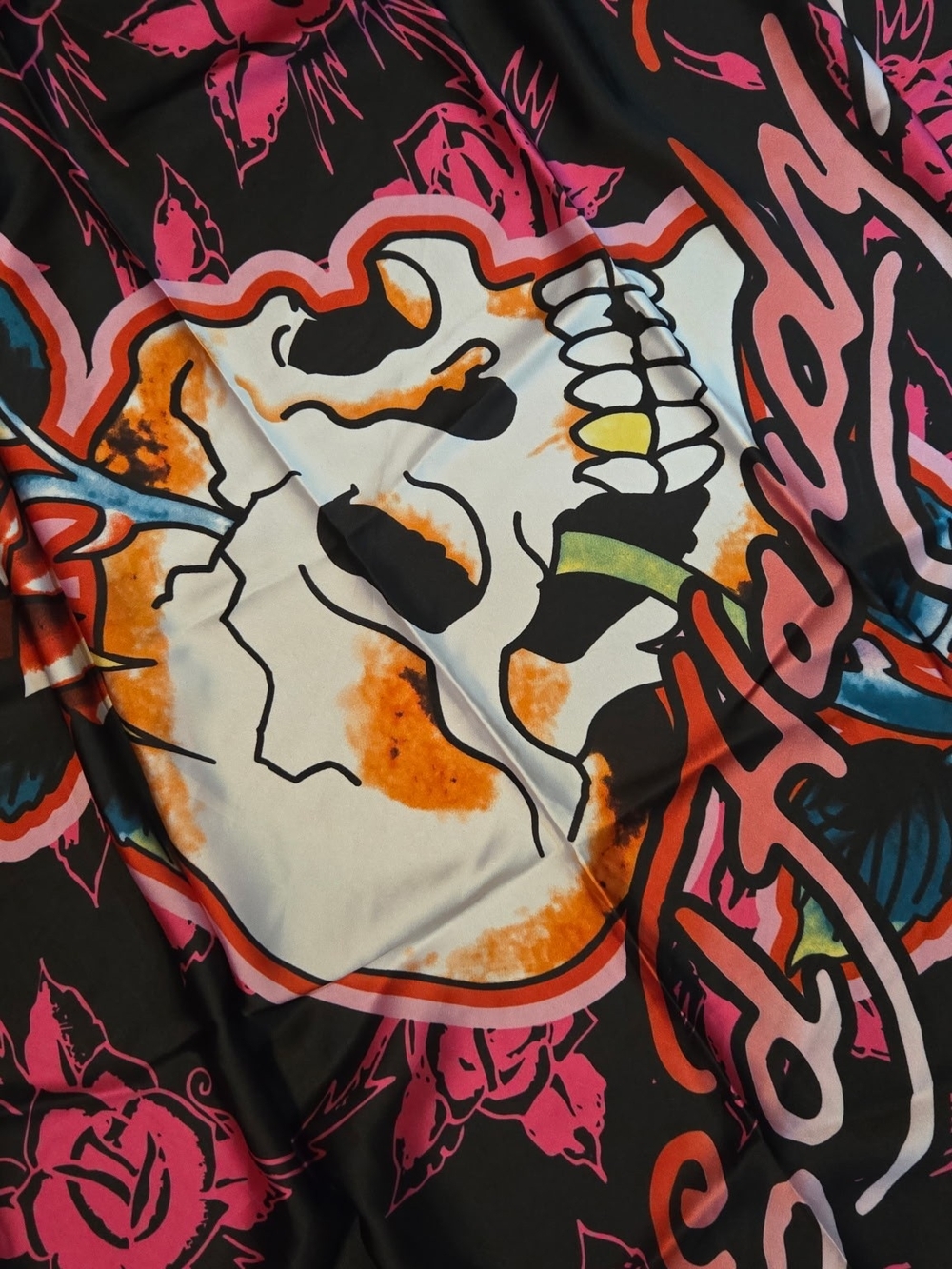 Ed Hardy Black Skull Art Print with Pink and Orange Accents NWT
